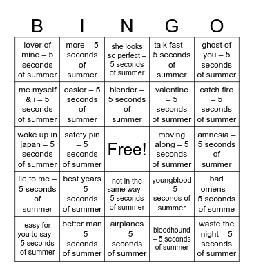 Tiff's Birthday BINGO BINGO 5SOS Bingo Card