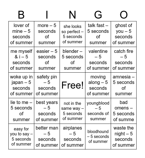 Tiff's Birthday BINGO BINGO 5SOS Bingo Card