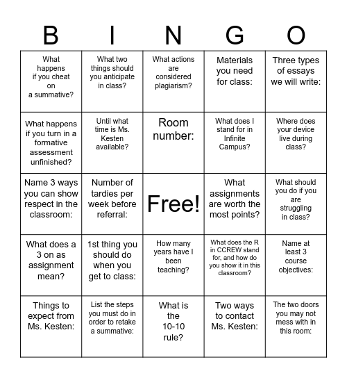 Syllabus Bingo Card