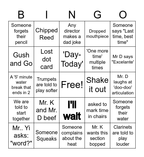 Band Camp Bingo Card
