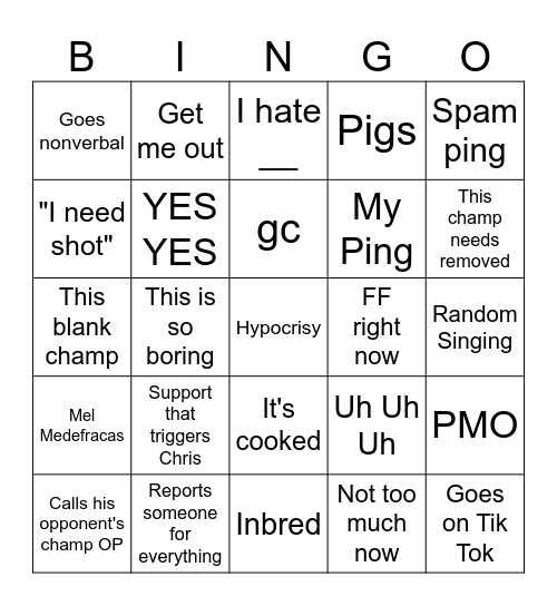 Frog League of Legends Bingo Card