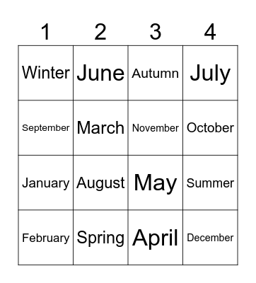 Months and Seasons Bingo Card