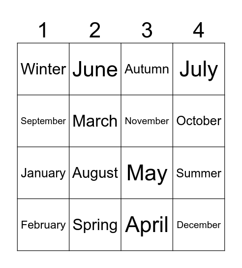 Months and Seasons Bingo Card