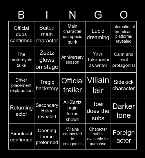 Kamen Rider Zeztz Press Conference Bingo Card