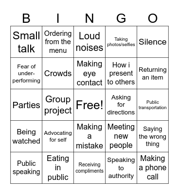 Human Bingo: Social Anxiety Edition Bingo Card