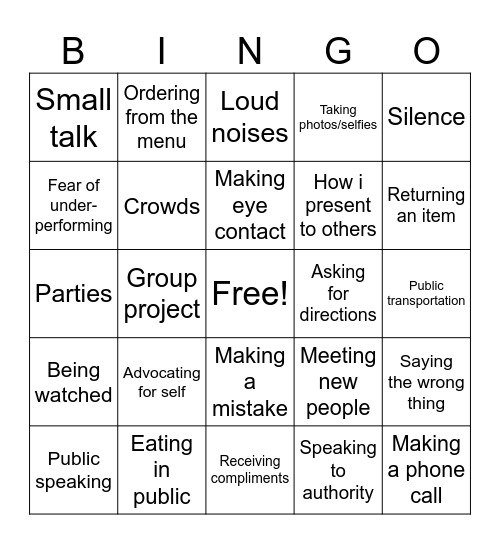 Human Bingo: Social Anxiety Edition Bingo Card