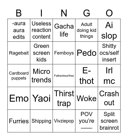 Tik Tok cringe Bingo Card