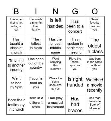 Seminary Get to Know You Bingo Card
