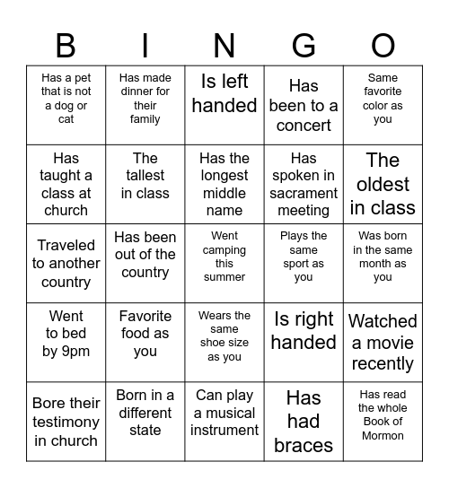 Seminary Get to Know You Bingo Card