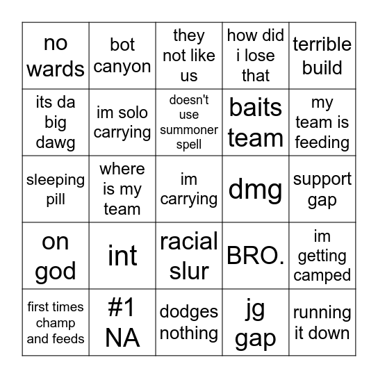 Aidan Bingo Card