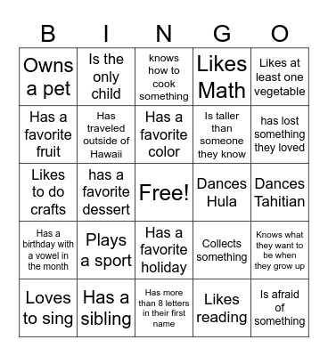 Getting to know you BINGO Card