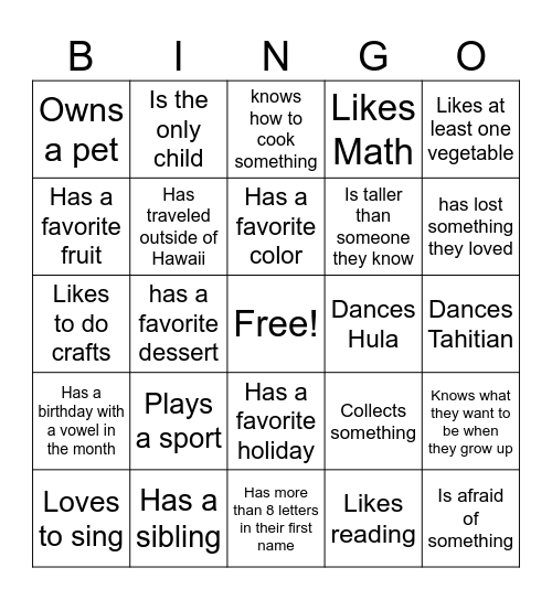 Getting to know you BINGO Card