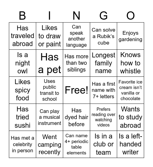 H     U     M     A     N Bingo Card