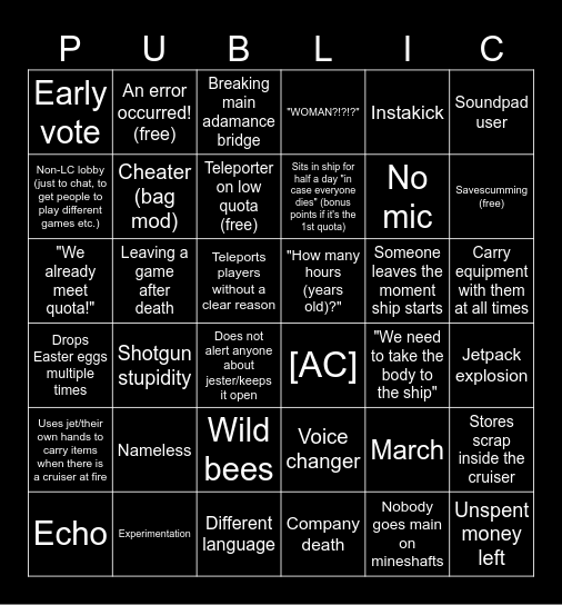 Lethal Company Public Lobby Bingo Card