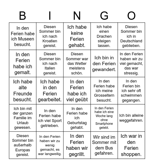 Reisen und Urlaub: die Sommerferien Bingo Card