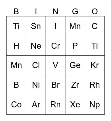 Periodic Table of Elements Bingo Card