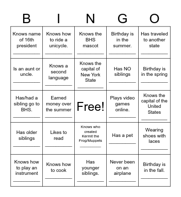 Get To Know You High School Bingo Card