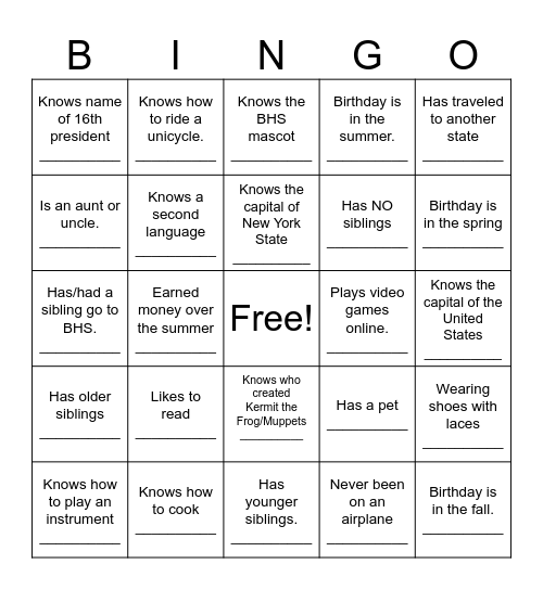 Get To Know You High School Bingo Card