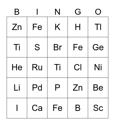 Periodic Table of Elements Bingo Card