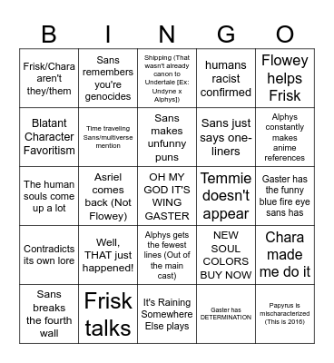 Glitchtale Blind Watchthrough Bingo Card