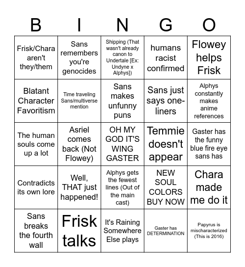 Glitchtale Blind Watchthrough Bingo Card