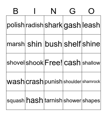 "Sh" Digraph Bingo Card
