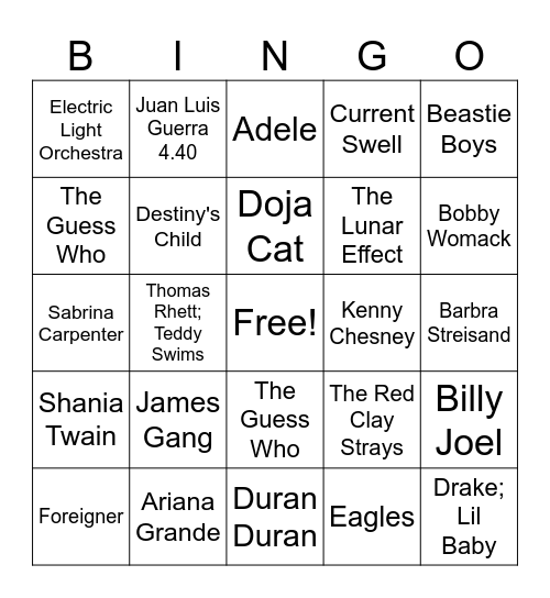 Songs About Women Bingo Card