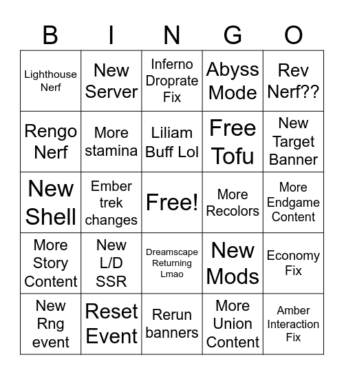 Etheria New Update Bingo Card