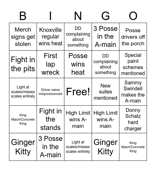 @TheRestartCone Knoxville Nationals bingo Card