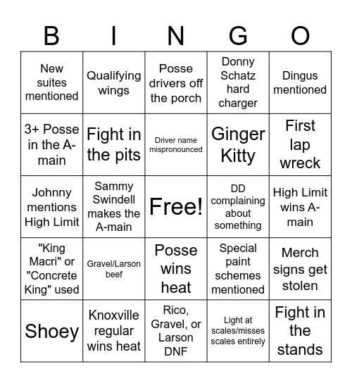 @TheRestartCone Knoxville Nationals bingo Card