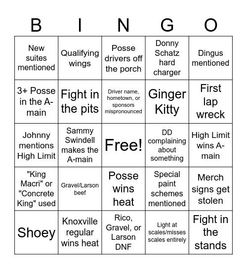@TheRestartCone Knoxville Nationals Bingo Card