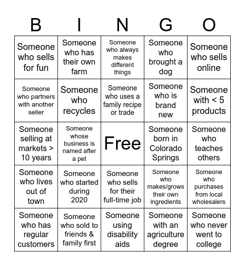 Farmer's Market Bingo Card