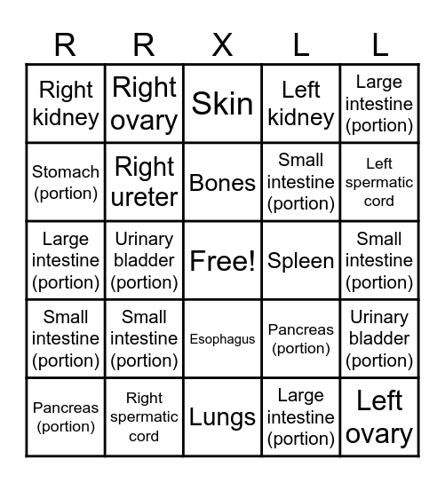Torso Regional Bingo Card