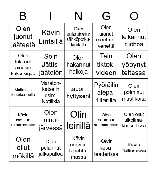 Mitä teit viime kesänä? Bingo Card