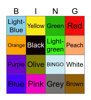 Colours Bingo Card