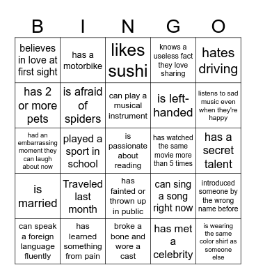 Find Someone Who Bingo Card