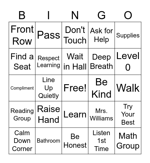 Classroom Procedures Bingo Card
