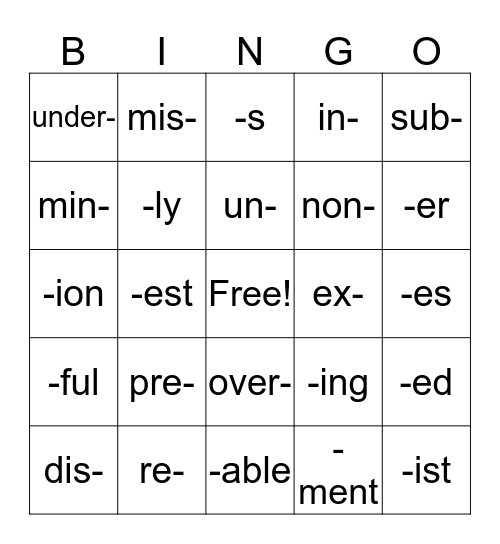 Prefix-Suffix Bingo Card