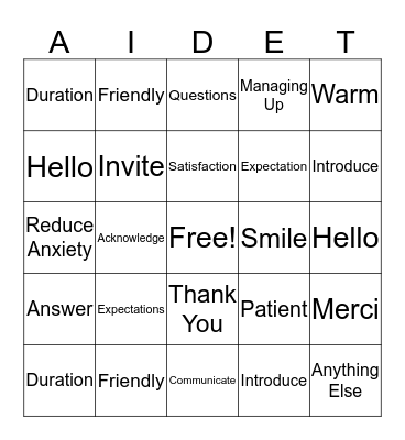 Service Excellence Bingo Card