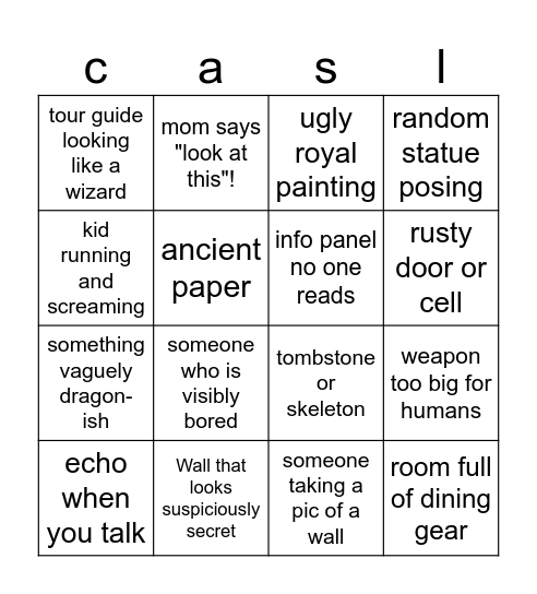 the boring castle card Bingo Card