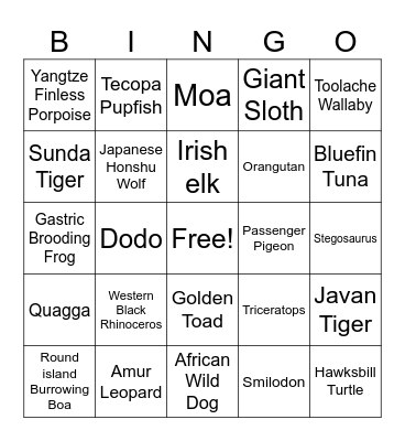 extinct and endangered animal bingo Card