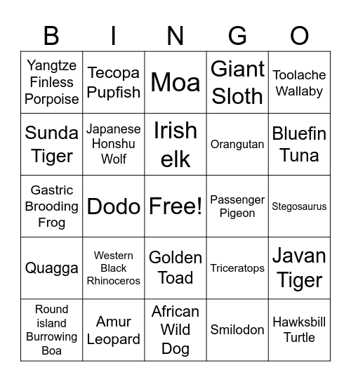 extinct and endangered animal bingo Card
