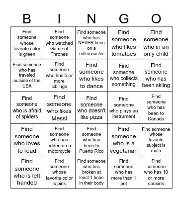 GET TO KNOW YOU Bingo Card