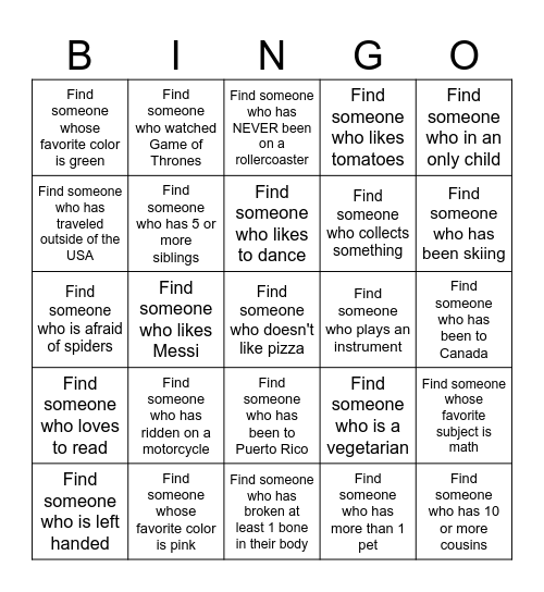 GET TO KNOW YOU Bingo Card