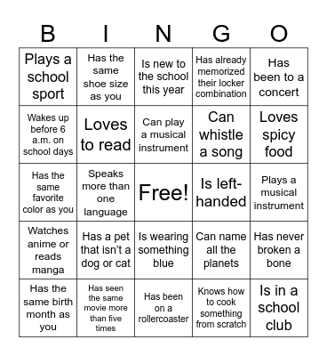 Classmate Bingo Card