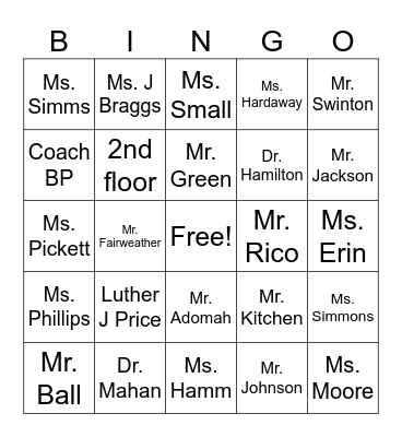 Middle School Bingo Card