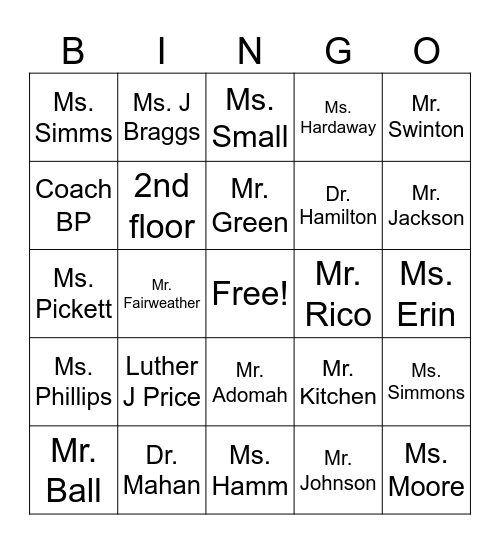 Middle School Bingo Card