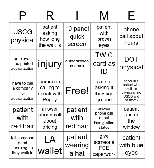Front Desk PRIME Bingo Card