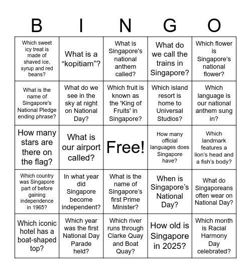 National Day Theme Bingo Card