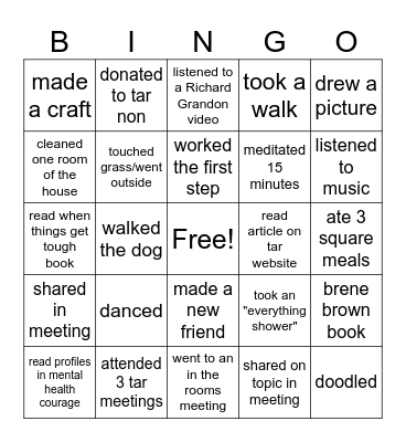 My Healing Tar Journey Bingo Card